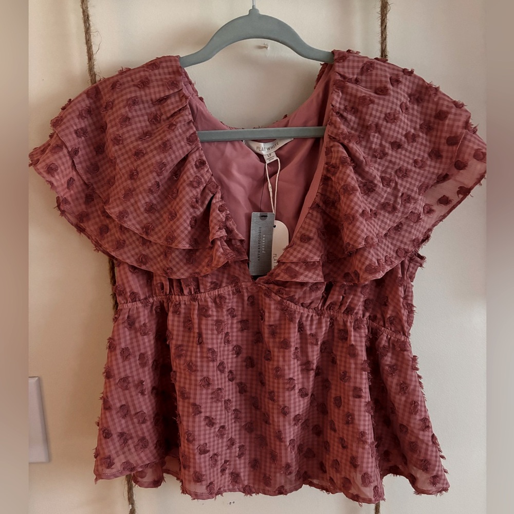 Anthropologie Flat White Textured Ruffle Blouse